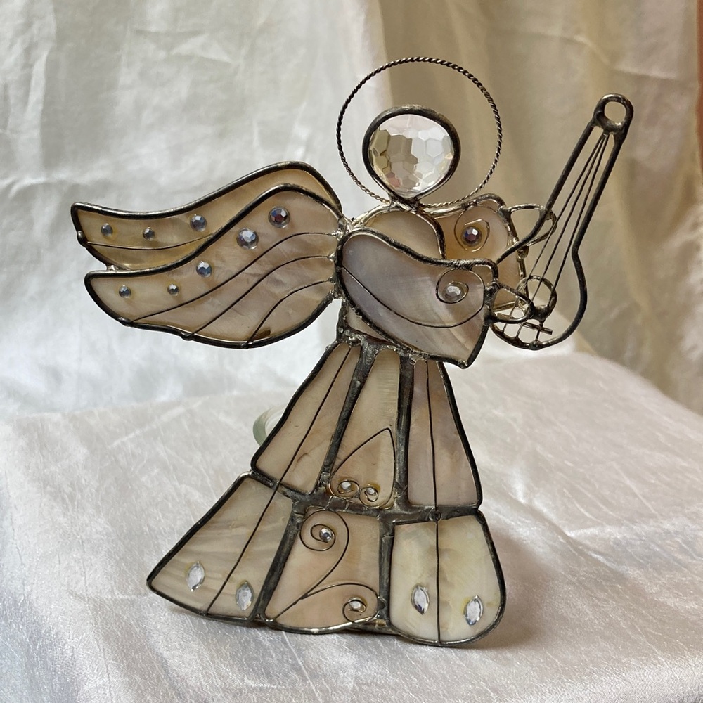 Mother of Pearl/Abalone Angel Candleholder with Harp/Guitar
